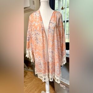 Charlotte Russe Peach & Lavender Semi-Sheer Kimono w/ Beige Crochet Lace Trim XL